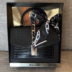 Brand New Aldo Black Croc-Embossed Crossbody Bag with Chain Scarf
